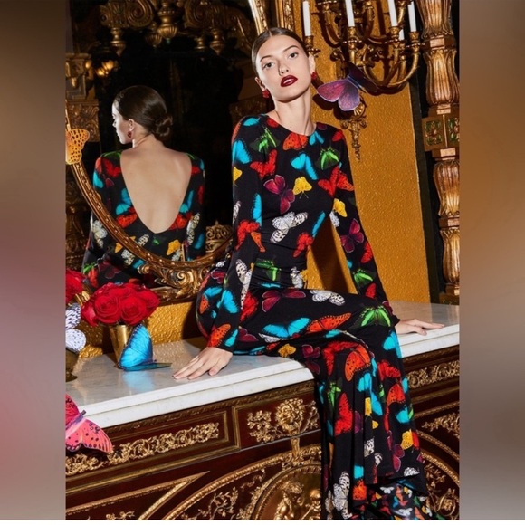 Alice + Olivia Dresses & Skirts - Alice + Olivia Rosaria Butterfly Print Low Back Fitted Maxi Dress in Red